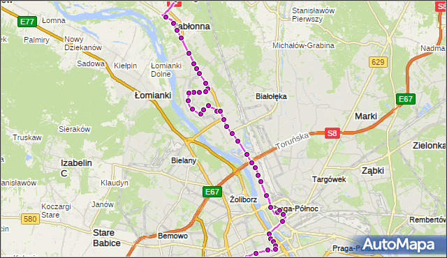 Mapa Polski Targeo, Autobus N63 - trasa OS.JAGIELLOŃSKA LG - DW.CENTRALNY. ZTM Warszawa na mapie Targeo