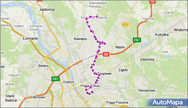 Mapa Polski Targeo, Autobus 120 - trasa DW.WSCHODNI (KIJOWSKA) - OLESIN. ZTM Warszawa na mapie Targeo