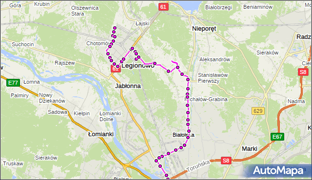 Mapa Polski Targeo, Autobus 736 - trasa OS.MŁODYCH LG - ŻERAŃ FSO. ZTM Warszawa na mapie Targeo