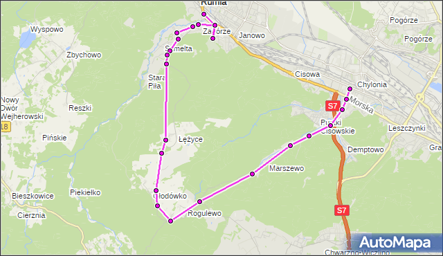 Mapa Polski Targeo, Autobus 288 - trasa Urząd Miasta Rumi - Chylonia Dworzec PKP. ZKMGdynia na mapie Targeo