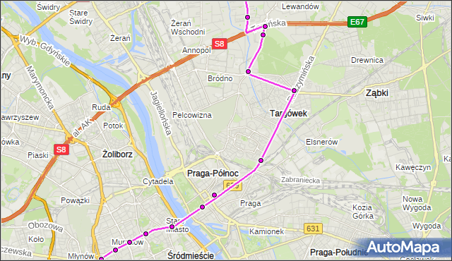 Mapa Polski Targeo, Autobus 527 - trasa OKOPOWA - SKARBKA Z GÓR. ZTM Warszawa na mapie Targeo