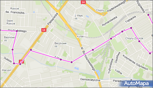 Mapa Polski Targeo, Autobus 63 - trasa Św. Franciszka - Dworzec Łódź - Chojny. MPKLodz na mapie Targeo