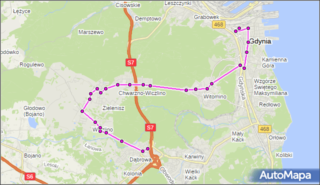 Mapa Polski Targeo, Autobus 147 - trasa Anyżowa - Gdynia Dworzec Gł. PKP. ZKMGdynia na mapie Targeo