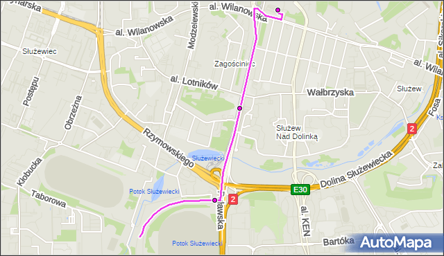 Mapa Polski Targeo, Autobus 300 - trasa METRO WILANOWSKA - TOR SŁUŻEWIEC. ZTM Warszawa na mapie Targeo