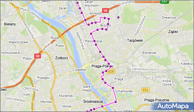 Mapa Polski Targeo, Autobus N64 - trasa MARCELIN - DW.CENTRALNY. ZTM Warszawa na mapie Targeo