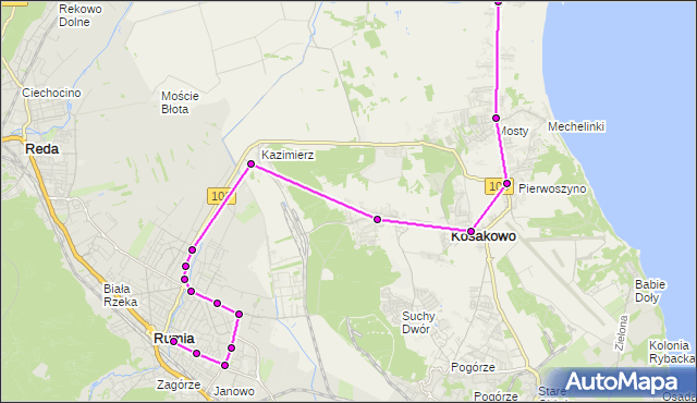 Mapa Polski Targeo, Autobus M - trasa Dąbrowskiego - Most - Rewa. ZKMGdynia na mapie Targeo