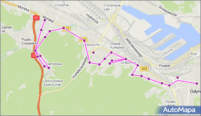 Mapa Polski Targeo, Autobus 102 - trasa Chylonia Centrum - Plac Kaszubski. ZKMGdynia na mapie Targeo