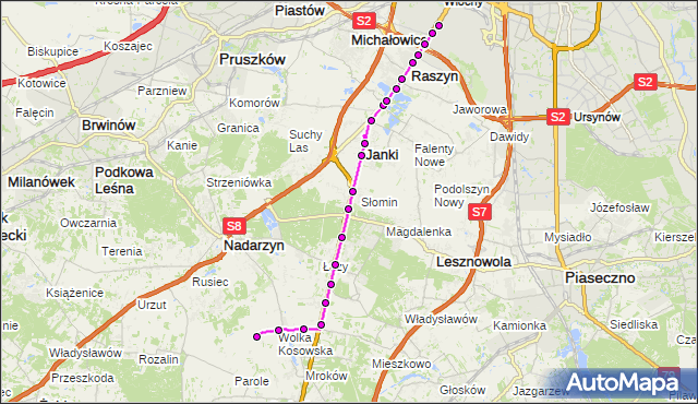 Mapa Polski Targeo, Autobus 721 - trasa KOSÓW KX - OKĘCIE. ZTM Warszawa na mapie Targeo