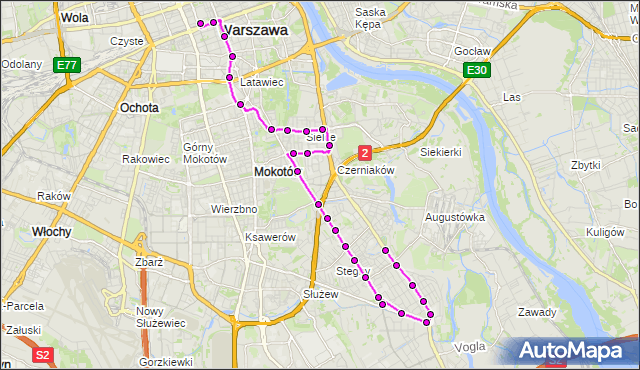 Mapa Polski Targeo, Autobus N31 - trasa SADYBA - DW.CENTRALNY. ZTM Warszawa na mapie Targeo