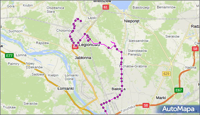 Mapa Polski Targeo, Autobus 736 - trasa ŻERAŃ FSO - STAROSTWO POWIATOWE LG. ZTM Warszawa na mapie Targeo