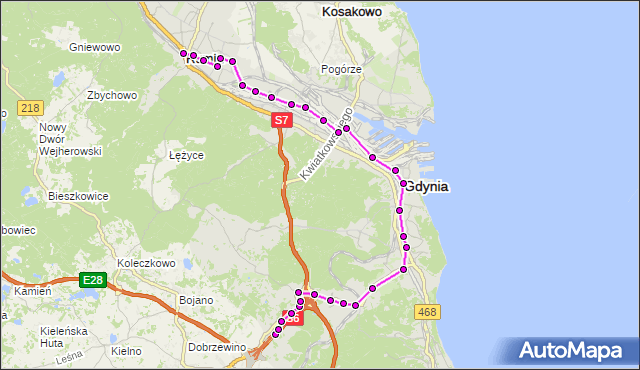 Mapa Polski Targeo, Autobus R - trasa Starochwaszczyńska - Rumia Dworzec PKP. ZKMGdynia na mapie Targeo