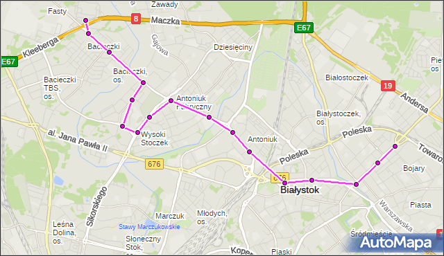 Mapa Polski Targeo, Autobus 9 - trasa - Zajezdnia; dojazd do przystanku:SIENKIEWICZA/RYSKA(419)(nr inw. 419). BKM na mapie Targeo
