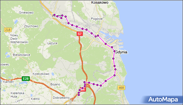 Mapa Polski Targeo, Autobus R - trasa Dąbrowskiego - Most - Kacze Buki. ZKMGdynia na mapie Targeo