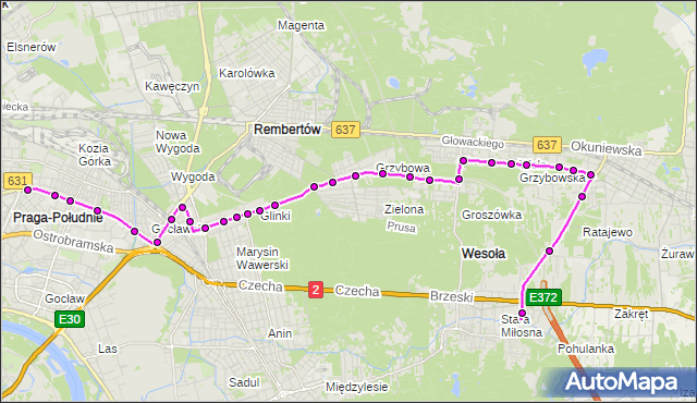 Mapa Polski Targeo, Autobus 173 - trasa WIATRACZNA - STARA MIŁOSNA. ZTM Warszawa na mapie Targeo