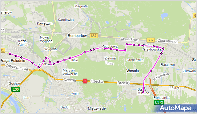 Mapa Polski Targeo, Autobus 173 - trasa STARA MIŁOSNA - WIATRACZNA. ZTM Warszawa na mapie Targeo