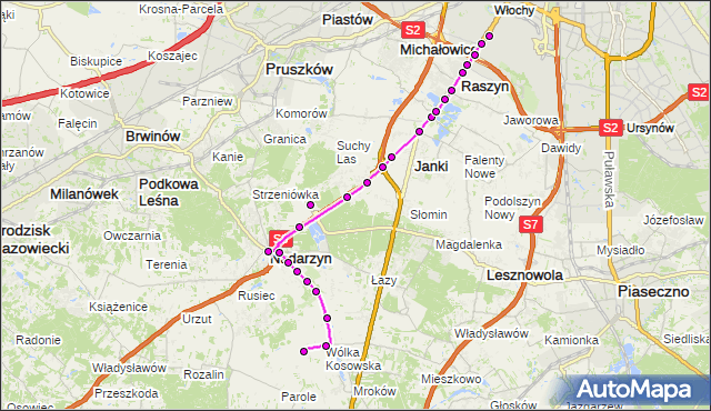 Mapa Polski Targeo, Autobus 703 - trasa KOSÓW KX - OKĘCIE. ZTM Warszawa na mapie Targeo