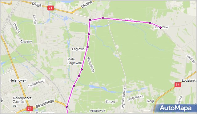 Mapa Polski Targeo, Autobus 66 - trasa Rondo Powstańców 1863r. - Modrzew. MPKLodz na mapie Targeo