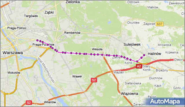 Mapa Polski Targeo, Autobus 704 - trasa PKP HALINÓW HP - WIATRACZNA. ZTM Warszawa na mapie Targeo