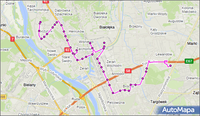 Mapa Polski Targeo, Autobus 126 - trasa CH MARKI MK - NOWODWORY. ZTM Warszawa na mapie Targeo