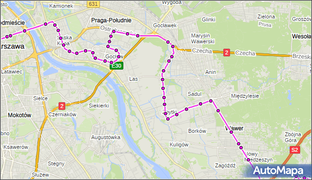 Mapa Polski Targeo, Autobus N72 - trasa DW.CENTRALNY - ALEKSANDRÓW. ZTM Warszawa na mapie Targeo