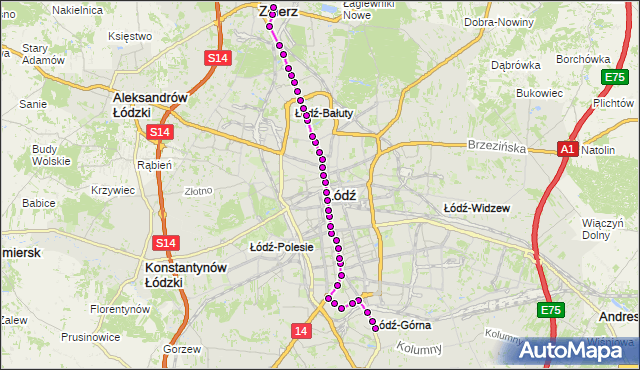 Mapa Polski Targeo, Tramwaj 16 - trasa Kurczaki - plac Kilińskiego (Zgierz). MPKLodz na mapie Targeo