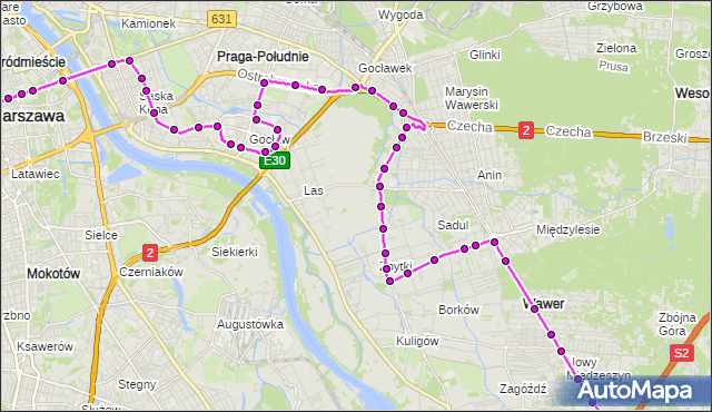 Mapa Polski Targeo, Autobus N72 - trasa ALEKSANDRÓW - DW.CENTRALNY. ZTM Warszawa na mapie Targeo