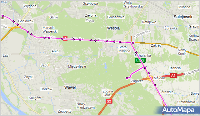 Mapa Polski Targeo, Autobus 722 - trasa WIATRACZNA - RADIÓWEK RA. ZTM Warszawa na mapie Targeo