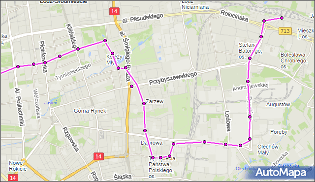 Mapa Polski Targeo, Autobus 77 - trasa - Rembielińskiego. MPKLodz na mapie Targeo