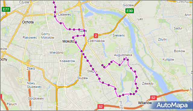 Mapa Polski Targeo, Autobus N31 - trasa DW.CENTRALNY - SADYBA. ZTM Warszawa na mapie Targeo