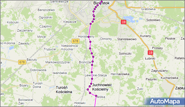 Mapa Polski Targeo, Autobus 104 - trasa RYNEK - BIELE/PĘTLA(837)(nr inw. 837). BKM na mapie Targeo