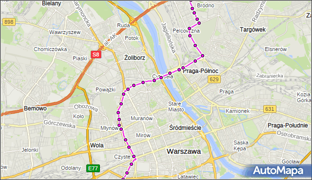Mapa Polski Targeo, Tramwaj 1 - trasa BANACHA - ANNOPOL. ZTM Warszawa na mapie Targeo
