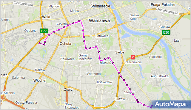 Mapa Polski Targeo, Autobus 130 - trasa WILANÓW - CH BLUE CITY. ZTM Warszawa na mapie Targeo