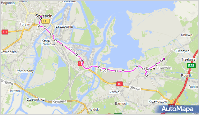 Mapa Polski Targeo, Autobus 522 - trasa Dąbie Osiedle - Plac Rodła. ZDiTM Szczecin na mapie Targeo