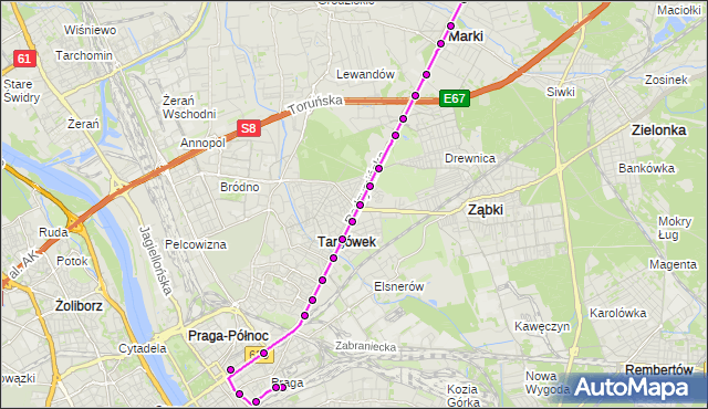 Mapa Polski Targeo, Autobus 805 - trasa DW.WSCHODNI (KIJOWSKA) - PUSTELNIK MK. ZTM Warszawa na mapie Targeo