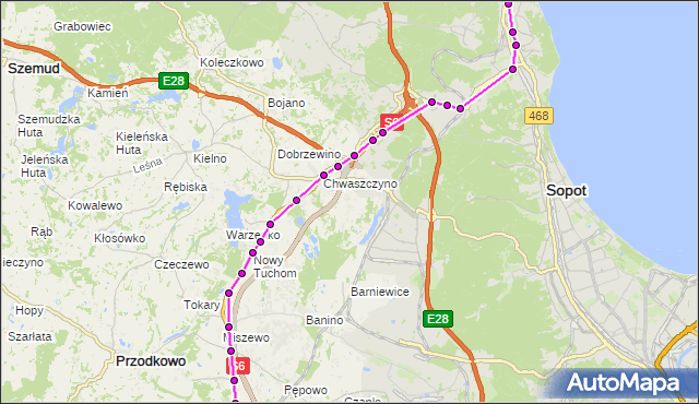 Mapa Polski Targeo, Autobus Z - trasa Żukowo - Urząd Gminy - Gdynia Dworzec Gł. PKP. ZKMGdynia na mapie Targeo