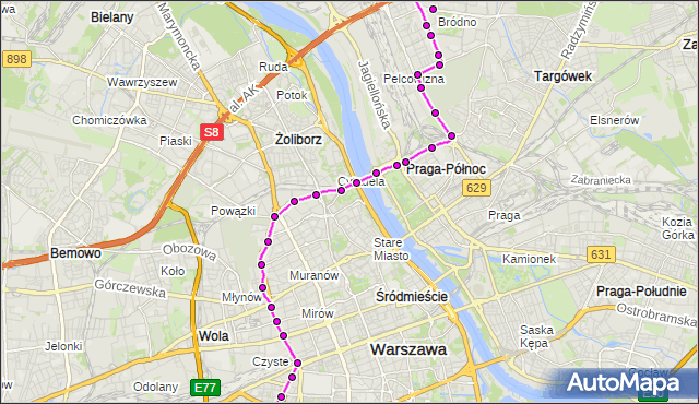 Mapa Polski Targeo, Tramwaj 1 - trasa ANNOPOL - BANACHA. ZTM Warszawa na mapie Targeo