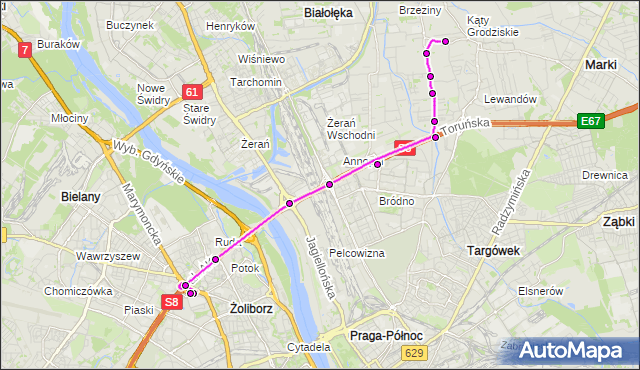 Mapa Polski Targeo, Autobus 132 - trasa SKARBKA Z GÓR - METRO MARYMONT. ZTM Warszawa na mapie Targeo