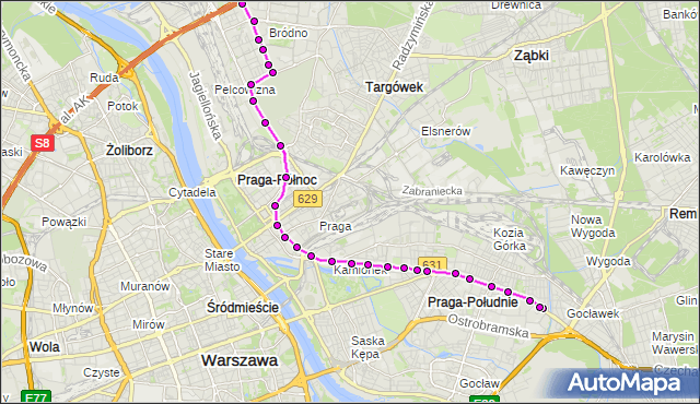 Mapa Polski Targeo, Tramwaj 3 - trasa GOCŁAWEK - ANNOPOL. ZTM Warszawa na mapie Targeo