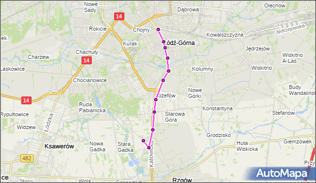 Mapa Polski Targeo, Autobus 93 - trasa - Dworzec Łódź - Chojny. MPKLodz na mapie Targeo