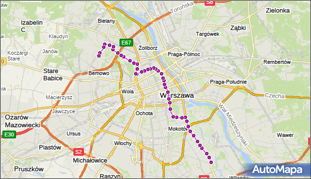 Mapa Polski Targeo, Autobus 180 - trasa WILANÓW - NOWE BEMOWO. ZTM Warszawa na mapie Targeo