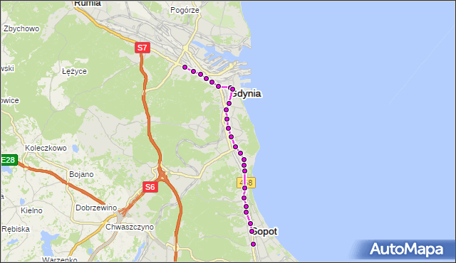 Mapa Polski Targeo, Autobus 21 - trasa Kalksztajnów - Sopot Reja. ZKMGdynia na mapie Targeo
