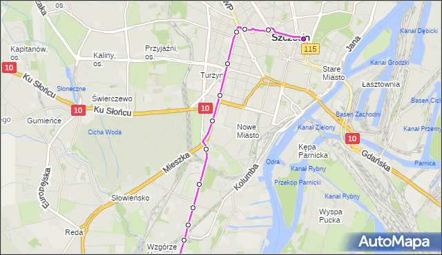 Mapa Polski Targeo, Autobus 524 - trasa Plac Rodła - Pomorzany Dobrzyńska. ZDiTM Szczecin na mapie Targeo