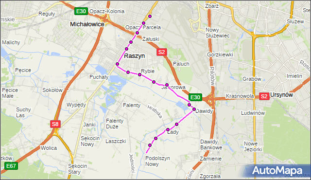 Mapa Polski Targeo, Autobus 815 - trasa PODOLSZYN PD - OKĘCIE. ZTM Warszawa na mapie Targeo