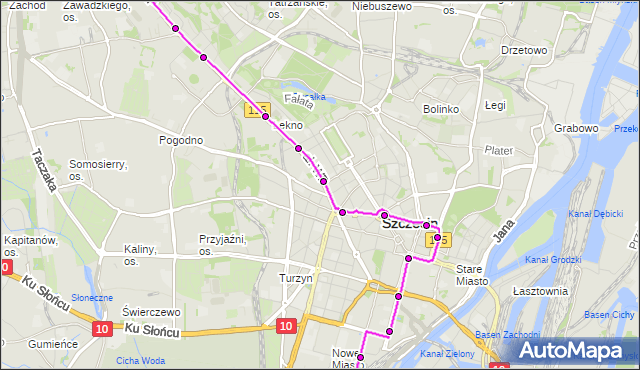 Mapa Polski Targeo, Tramwaj 1 - trasa Potulicka - Zajezdnia Pogodno. ZDiTM Szczecin na mapie Targeo