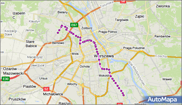 Mapa Polski Targeo, Autobus 180 - trasa NOWE BEMOWO - WILANÓW. ZTM Warszawa na mapie Targeo