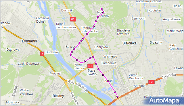 Mapa Polski Targeo, Autobus 133 - trasa CHOSZCZÓWKA - ŻERAŃ FSO. ZTM Warszawa na mapie Targeo