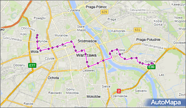 Mapa Polski Targeo, Autobus 151 - trasa GOCŁAW - MŁYNÓW. ZTM Warszawa na mapie Targeo