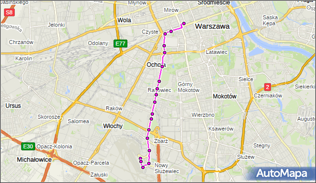 Mapa Polski Targeo, Autobus N32 - trasa LOTNISKO CHOPINA - DW.CENTRALNY. ZTM Warszawa na mapie Targeo