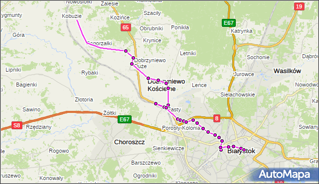 Mapa Polski Targeo, Autobus 106 - trasa - KOŚCIELNA(304)(nr inw. 304). BKM na mapie Targeo