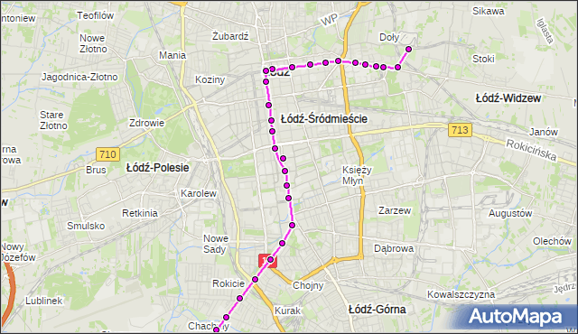 Mapa Polski Targeo, Tramwaj 43 - trasa Telefoniczna - ET-2. MPKLodz na mapie Targeo